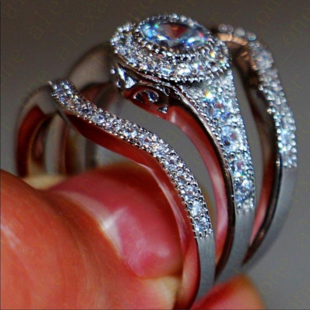 New Halo 925 Silver Engagement Set Diamond Ring - Picture 4 of 7